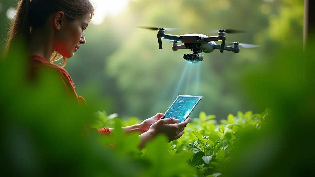 自然とデジタルデバイスが融合した緑豊かな環境で、人が未来的なガーデニング技術を操作している様子